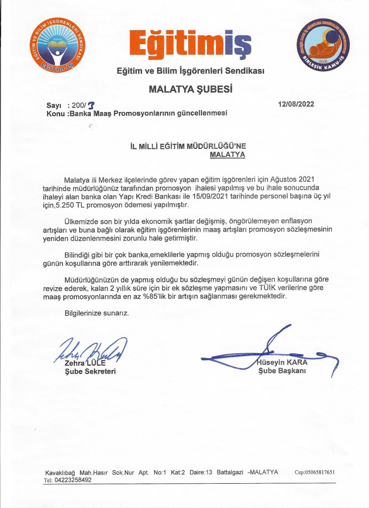 BANKA MAAŞ PROMOSYONLARI İLE İLGİLİ İL MEM’E YAZI YAZDIK